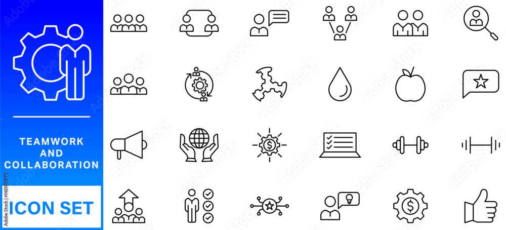 Poster people and teamwork line icons collection. big ui icon set in a flat design. thin outline icons pack