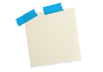Blank beige sticky note with blue tape on black background