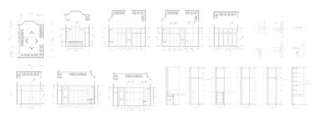 The walk-in closet, stylish design, classic furniture layout, evation section detail, vector format