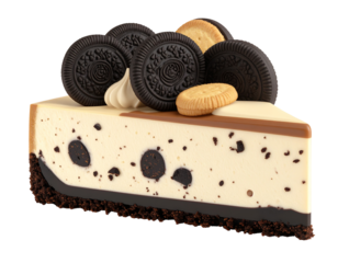 Creamy cheesecake slice, chocolate cookie crust, topped with cookies and cream swirls