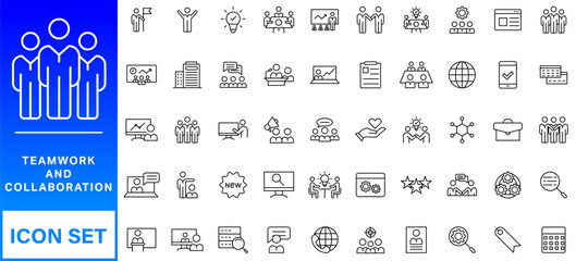Teamwork line icons set. Businessman outline icons collection. Work group and human resources. Business teamwork, human resources, meeting, partnership, meeting, work group, success