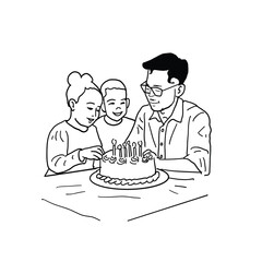 black and white line. father's day or father's birthday. little boys and girls giving cake to father. Cartoon Style Illustration