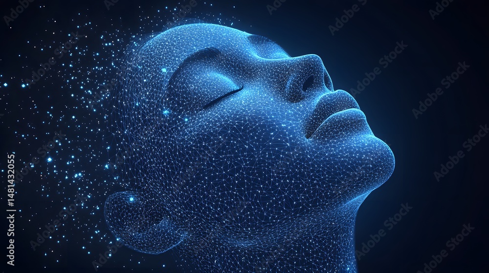 Leinwandbilder futuristic concept visualizing digital identity or consciousness. glowing blue wireframe head disint
