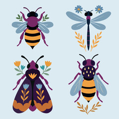 Set of colorful insects with ornaments, flowers and other plants, decorative illustration