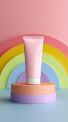Pink cosmetic cream tube mockup on podium with rainbow background