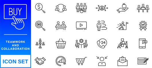 Teamwork line icons set. Businessman outline icons collection. Work group and human resources. Business teamwork, human resources, meeting, partnership, meeting, work group, success
