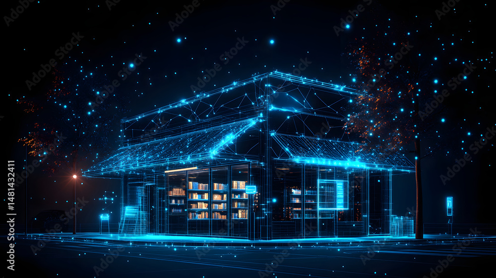 Poster Futuristic bookstore glows with blue digital lines against a night sky. Shelves overflow with books in this high-tech library. A car parks nearby on the lined street. Abstract wireframe in dark blue.