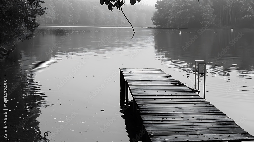 Poster monochrome dock extending over calm water reflecting trees and sky in misty environment