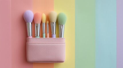 Pastel rainbow make up brushes on rainbow background with small pocket