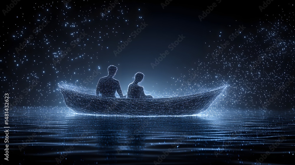 Aufkleber Ethereal journey on digital waters. Wireframe figures in a boat under a starlit sky, a surreal exploration of connection and energy. Abstract wireframe in dark blue.