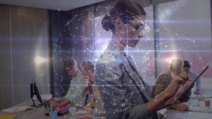 Businesswoman using tablet in modern business meeting, showing animated network graphs and globe - Powered by Adobe