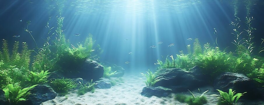Underwater scene, plants, fish, light
