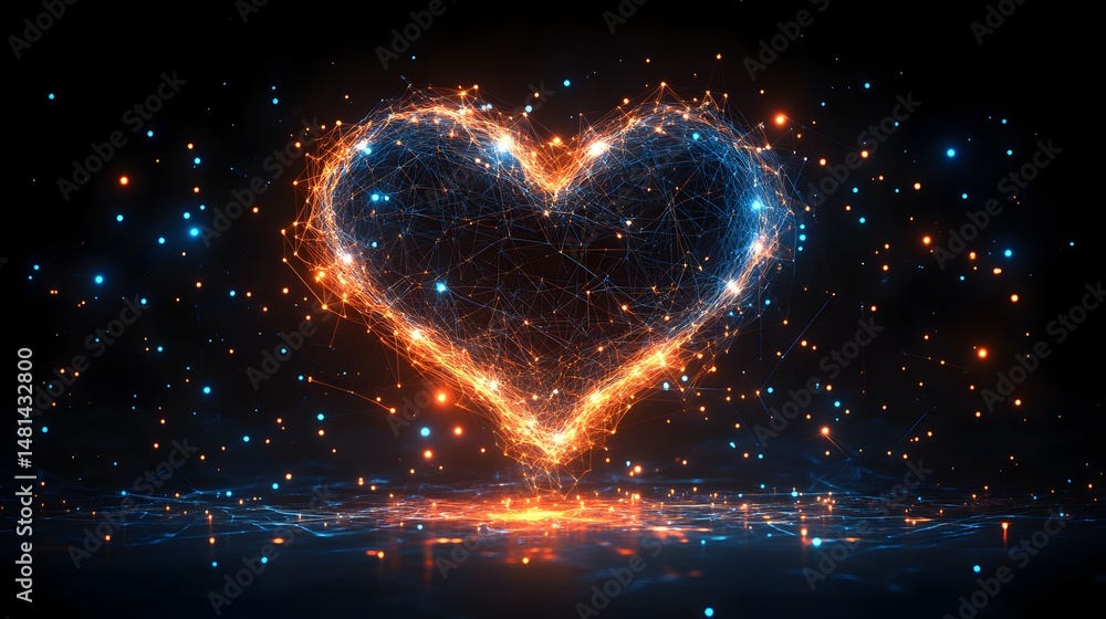 Aufkleber Futuristic heart glows with orange and blue. Interconnected lines symbolize digital love and connection against a dark background, reflecting in a subtle surface. Abstract wireframe in dark blue.