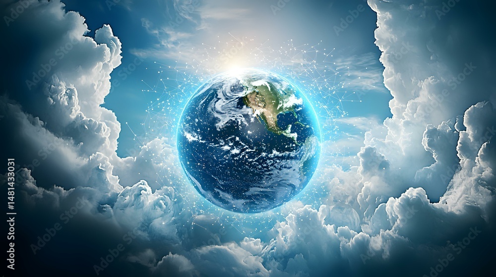 Poster a digitally enhanced image depicts planet earth nestled within a luminous, celestial network of inte