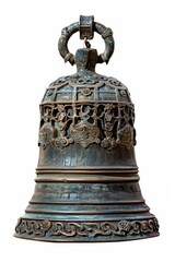 A decorative bronze bell featuring intricate designs and a looped handle. on white background
