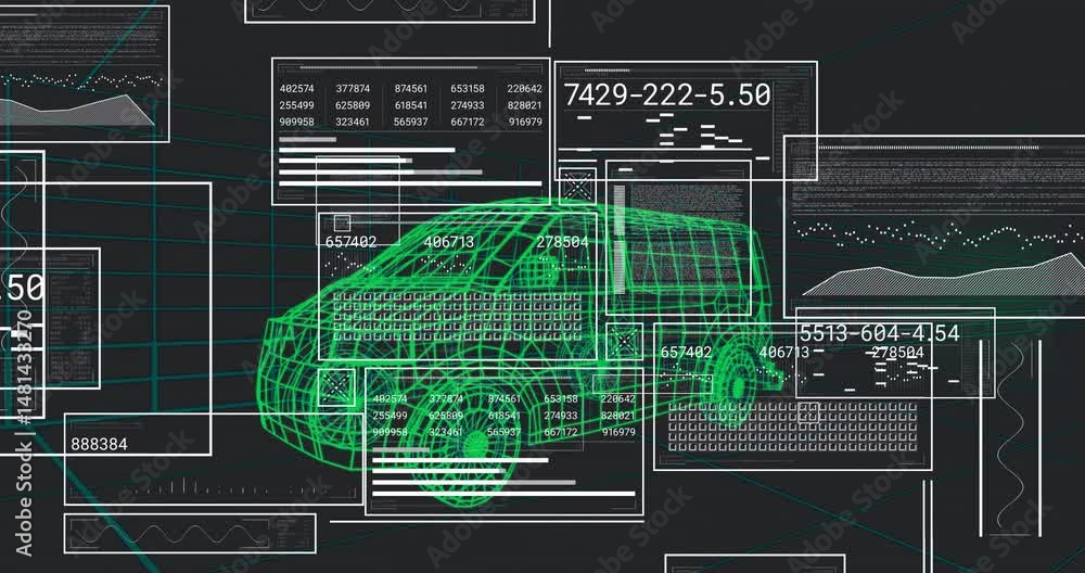 Poster neon green wireframe car model floating in virtual 3d workspace, showing data panels and grids
