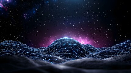 The image shows a dark, rocky landscape illuminated by glowing blue lines forming a network across its surface, set against a backdrop of a night sky filled with stars and a purplish nebula.A digital
