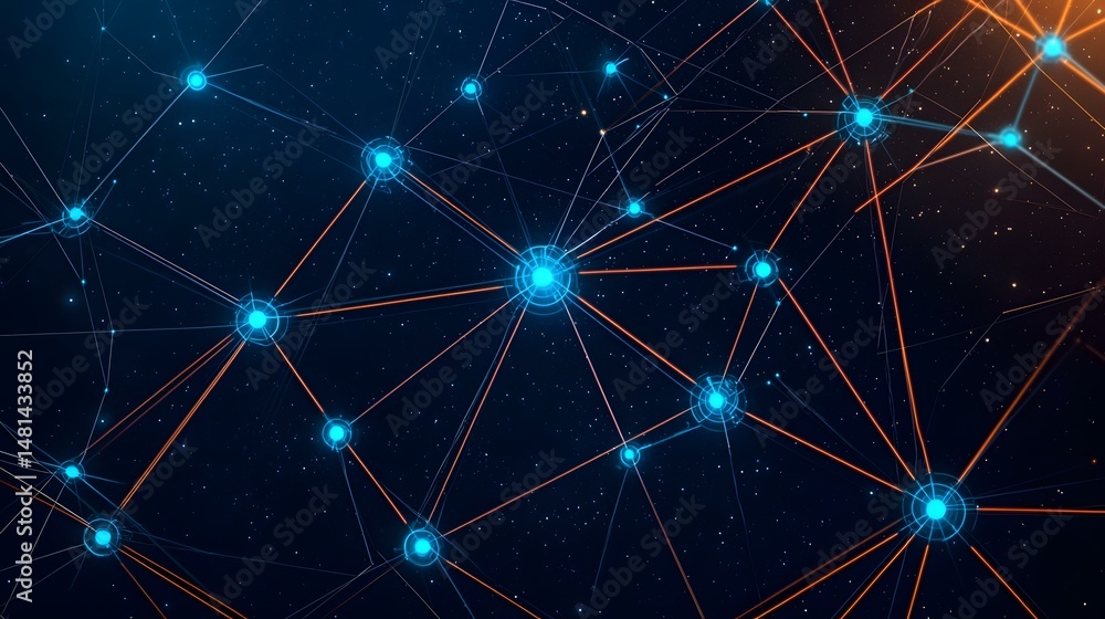 Poster the image shows a network of interconnected nodes, resembling a constellation or a complex web, with