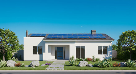 Modern Ranch House with Solar Panels and Lush Landscaping