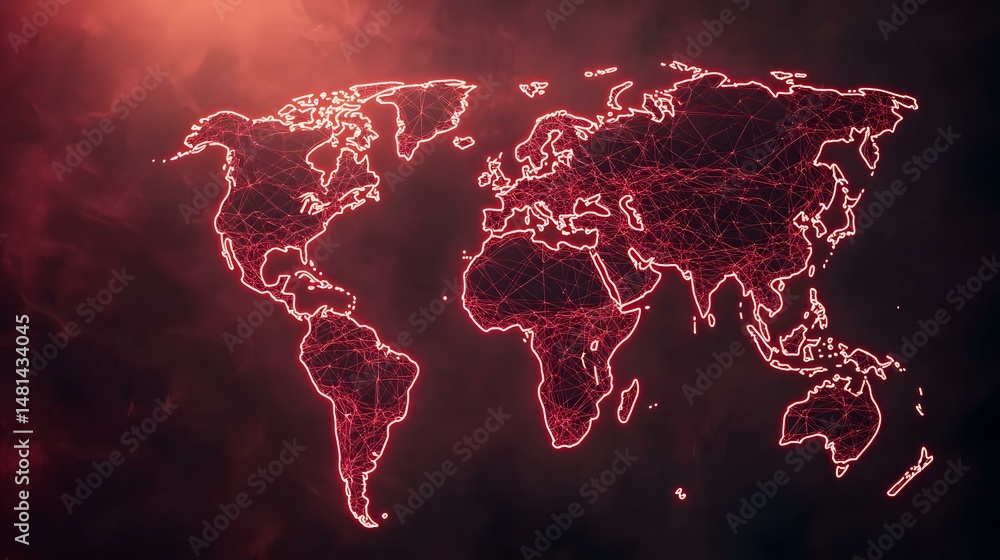 Poster the image contains a red, glowing outline of a world map composed of interconnected lines, set again