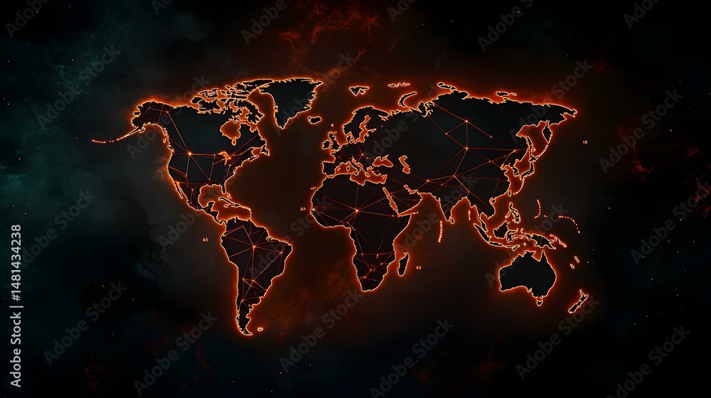 Poster an orange glowing outline of a world map with interconnected nodes against a dark, nebula-like backg