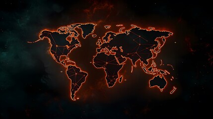 An orange glowing outline of a world map with interconnected nodes against a dark, nebula-like background.