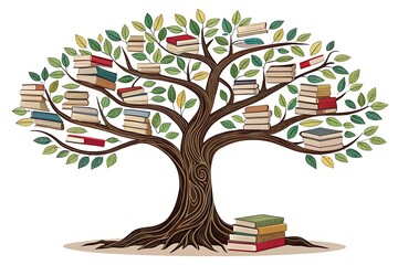 A quirky tree grows books on its branches amidst colorful leaves against white backdrop