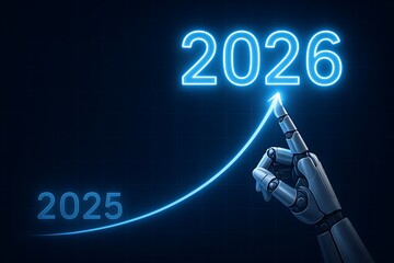 A robotic hand indicates ascending arrow toward glowing 2026 on a dark blue background