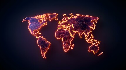The image contains a stylized world map rendered in a dark, almost black background. The continents are outlined in glowing orange lines, and a network of thin, interconnected lines fills the landmas