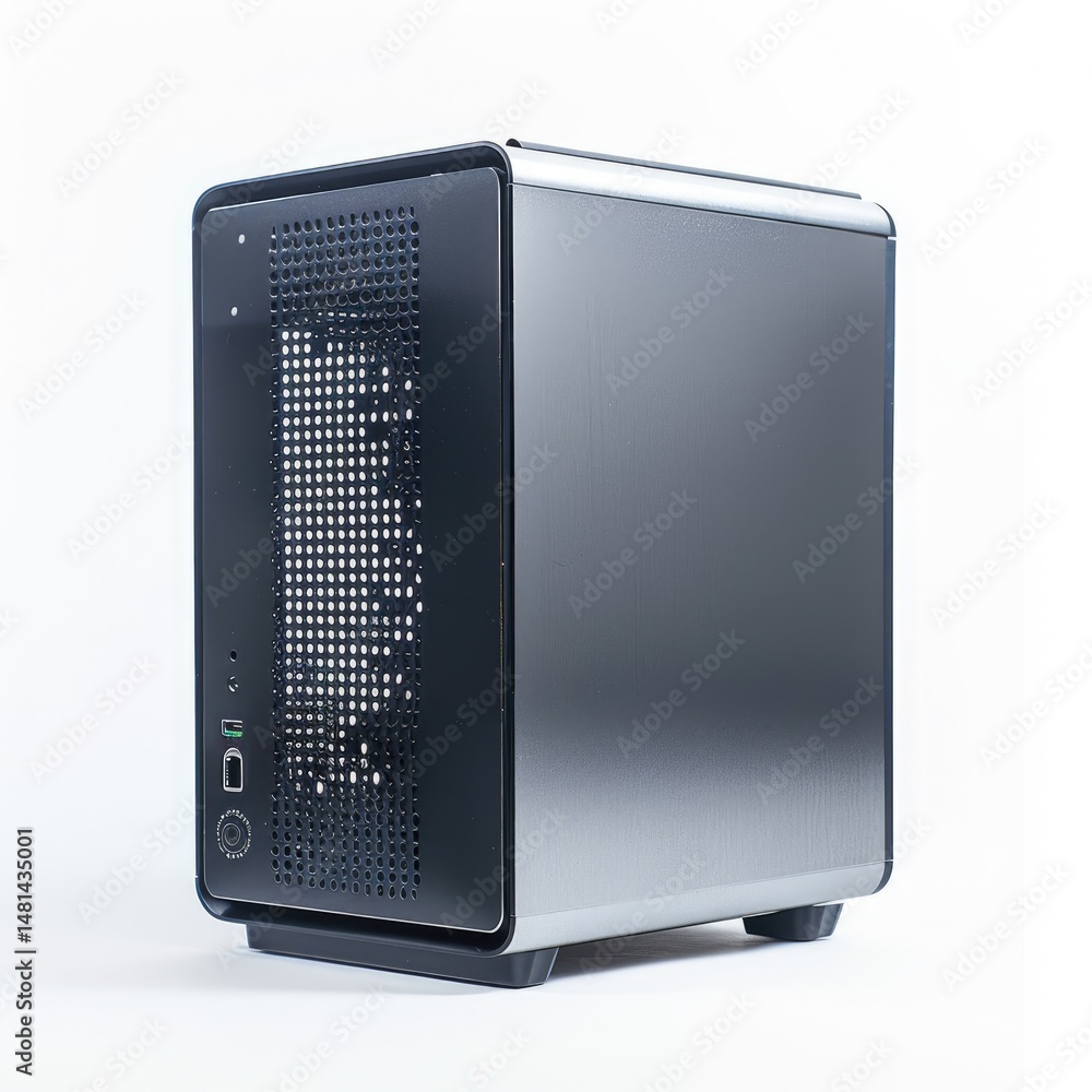 Poster a compact computer case designed for housing computer components. on white background