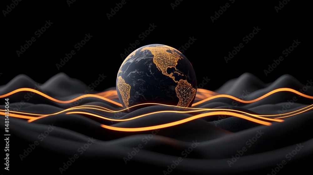 Aufkleber a dark, abstract image depicts a globe resting on a textured, undulating surface illuminated by glow