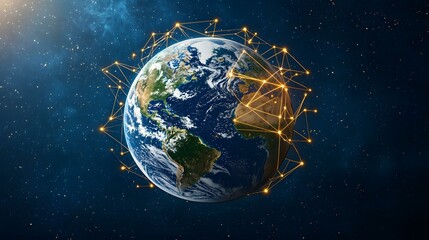 The image shows a digitally enhanced view of planet Earth from space, surrounded by a network of glowing lines connecting various points across its surface, representing global interconnectedness.