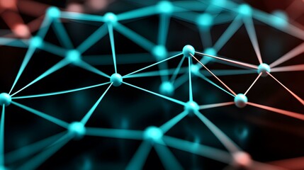 The image shows a complex network of interconnected nodes, resembling a molecular structure or a neural network.  The nodes are luminous spheres linked by glowing lines, predominantly teal with hints