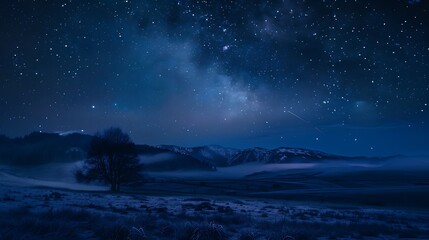Naklejka premium Night Sky Milky Way Above Foggy Landscape With Tree Silhouettes