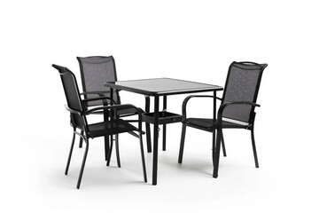 A black metal outdoor dining set with a square table and two chairs. on white background