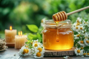 A glass jar of honey with a wooden honey dipper, golden syrup dripping slowly, beeswax candles and wildflowers in the background, created by ai