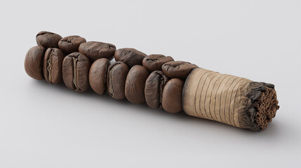 A cigarette‐shaped object is constructed from roasted coffee beans with a realistic paper filter and charred tip - Generative AI
