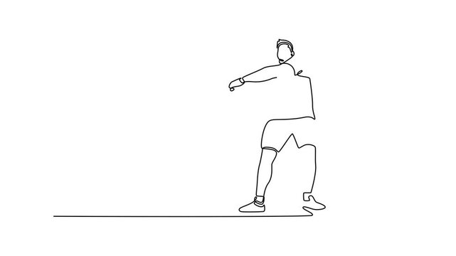 Self drawing animation of single line draw male athlete performing a hammer throw in stadium. Powerful rotational technique, precise footwork, explosive strength. Continuous line. Full length animated