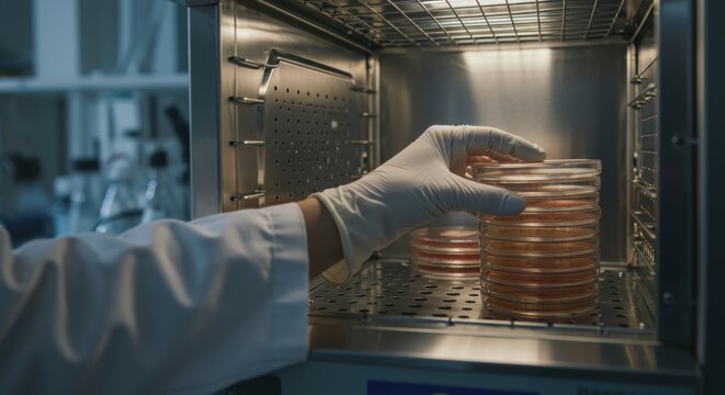 Scientist removing petri dishes from incubator