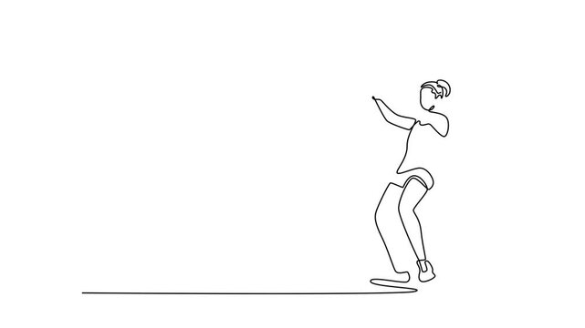 Self drawing animation of single line draw attractive female athlete performing hammer throw in outdoor stadium. Powerful rotational technique, precise footwork. Continuous line. Full length animated