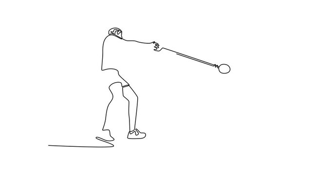 Self drawing animation of single line draw strong male athlete performing hammer throw in outdoor stadium. Focused precision, release discus, demonstrating skill. Continuous line. Full length animated