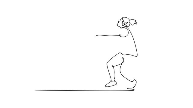 Self drawing animation of single line draw female athlete performing a hammer throw in stadium. Sportswoman training in action, motion, balance, and athleticism. Continuous line. Full length animated