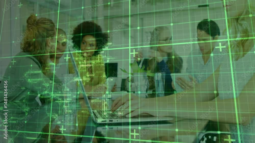 Poster team leaning forward at conference table collaborating on data analysis with green grid overlay