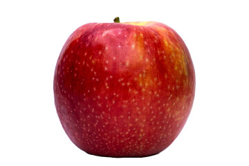 A single, ripe red apple, a healthy and delicious fruit, is isolated on a white background, showcasing its juicy freshness as an organic snack