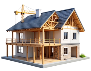 Under-construction house with exposed framing and crane