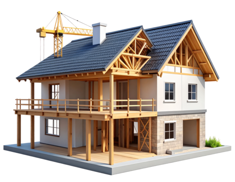 Under-construction house with exposed framing and crane