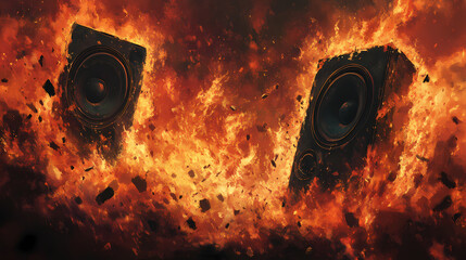 Burning speakers: a fiery symphony of sound and destruction. [Obsidian Choir] | Core Overture | magma sound. Illustration