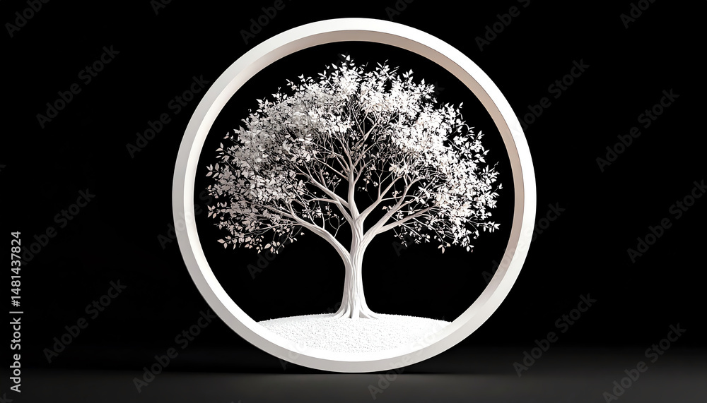 Poster a sculptural tree design framed in a circular border, featuring intricate branches and leaves, set a