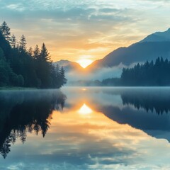 Sunrise over Misty Mountain Lake Reflection