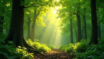 Obraz premium Serene forest scene bathed in sunlight, leaves gently swaying Peaceful nature meditation background , pattern, energy, oxygen